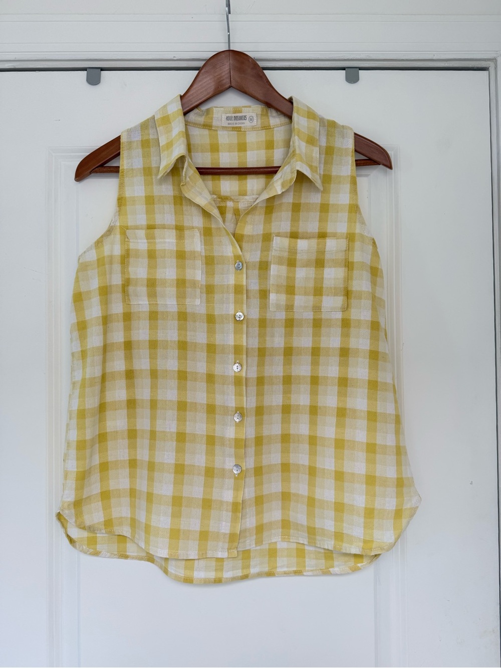 4our Dreamers Yellow and White Plaid Check Sleeveless Button-Down Shirt | M